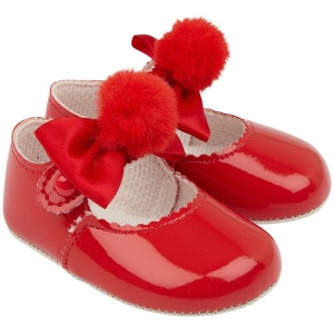 Baby Girls Red Pom Pom Bow Patent Pram Shoes